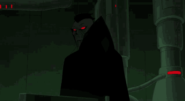 a cartoon character with red eyes is standing in a dark room with pipes
