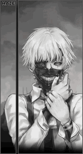a black and white drawing of a man with a mask on his face and the word haze below him