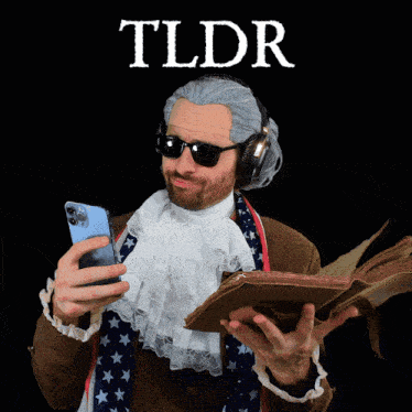 a man wearing a wig and sunglasses is holding a cell phone and a book with the word tldr written on the top