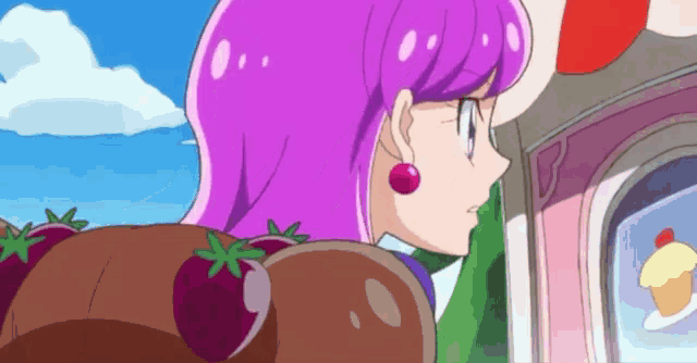a cartoon girl with purple hair and glasses is looking out a window at a cupcake .