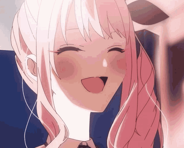 a close up of a pink haired anime girl with her mouth open
