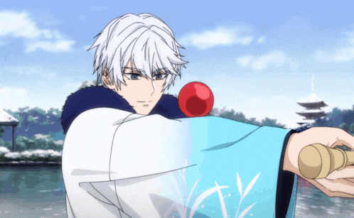 a white haired anime character holding a red ball