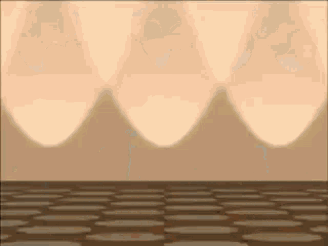 a cartoon illustration of a room with spotlights on the wall and a checkered floor .
