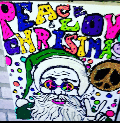a colorful painting of santa claus with the words peace on christmas above him