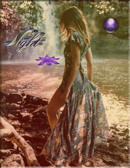 a woman in a floral dress is standing in front of a waterfall with the word night written on the bottom