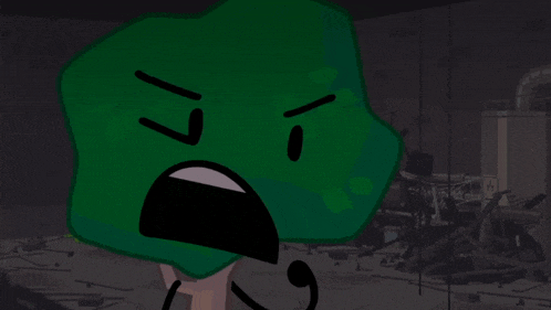 a green cartoon face with an angry expression