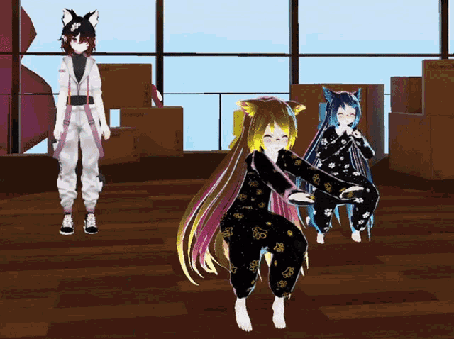 a group of anime characters are dancing in a room