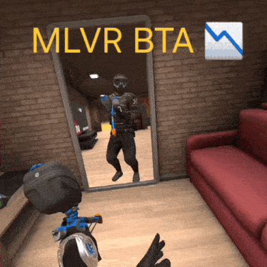 a man in a helmet stands in front of a mirror with the words " mlvr bta " above him