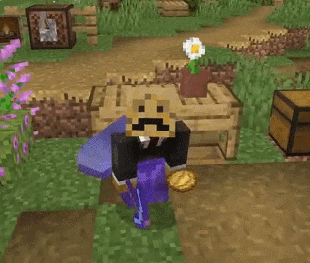 a minecraft character in a suit and tie is standing in a field with a flower in a pot .