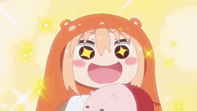 a girl in a bear hat is holding a stuffed pig .