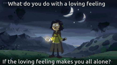 a cartoon character is standing in front of a wall with the words " what do you do with a loving feeling " on the bottom