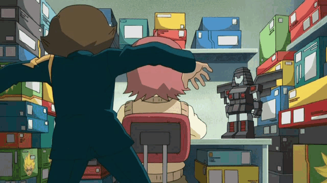 a cartoon of a man and a girl in a room with boxes