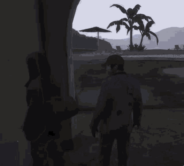 a man is standing in front of a palm tree with lightning strikes