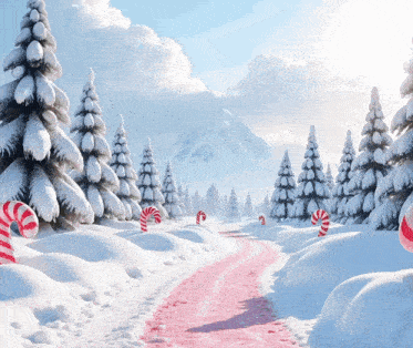 a snowy landscape with candy canes on the side of a road