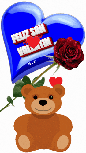 a teddy bear sits next to a red rose and a blue heart that says feliz san valentin