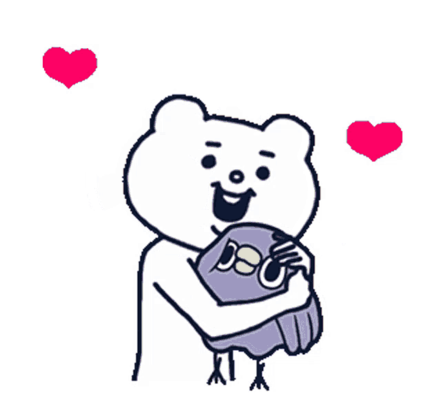 a cartoon bear is hugging a purple bird with hearts around it