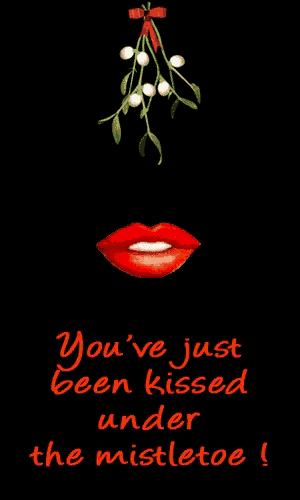 a picture of a woman 's lips under a mistletoe