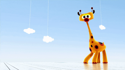 a cartoon giraffe stands in front of a blue sky with white clouds hanging from the ceiling
