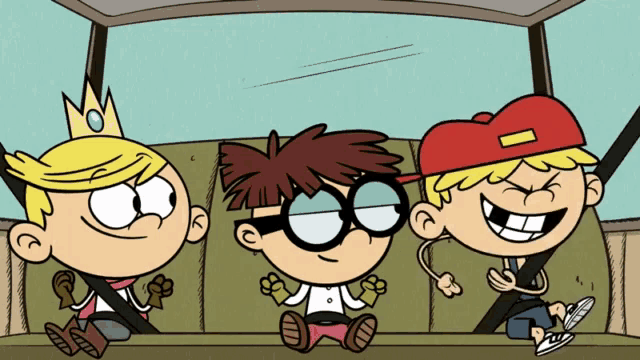 three cartoon characters are sitting in the back seat of a car and one has a crown on his head