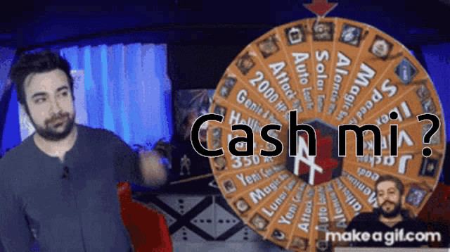 a man is standing in front of a spinning wheel that says cash mi
