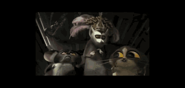 three cartoon characters are standing next to each other and one has a feathered hat on