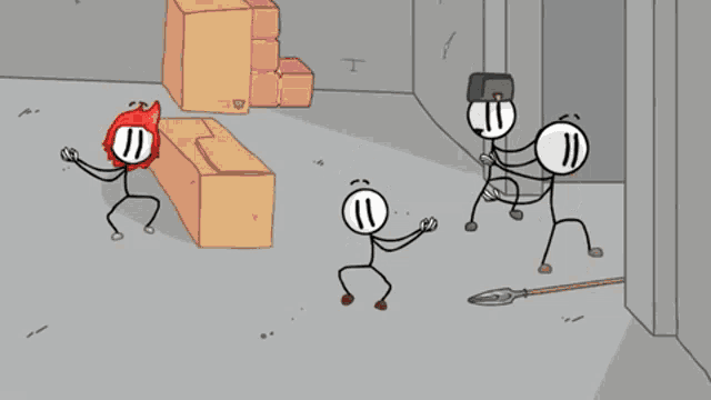a group of stick figures are playing a game and one of them has the letter t on his head