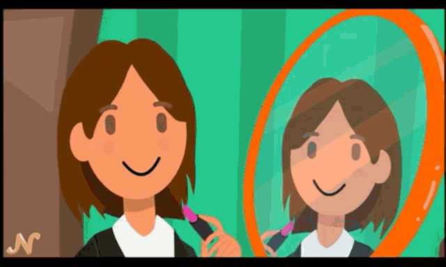 a cartoon of a woman looking at herself in the mirror