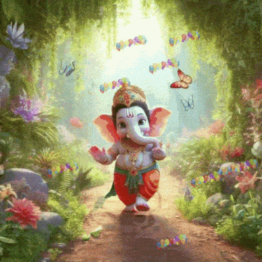 a painting of a baby elephant in a jungle with butterflies