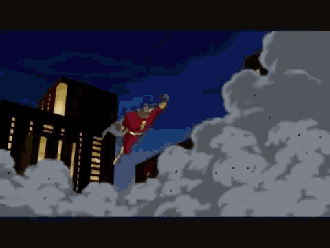 a cartoon of a man in a red and gold superhero suit flying through the air