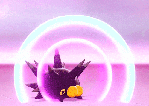 a black cartoon character with yellow eyes is surrounded by a purple circle