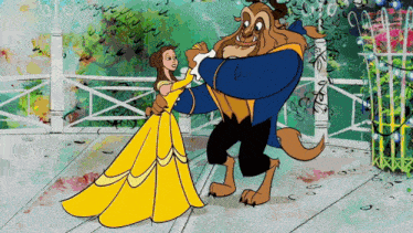 a cartoon of belle and the beast dancing together