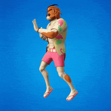 a man wearing a flamingo shirt and pink shorts is dancing
