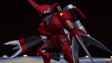 a red robot with a shield and a cannon on its back
