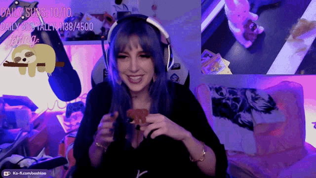 a girl with purple hair is smiling in front of a purple background with a sloth and the words daily subs 10/10