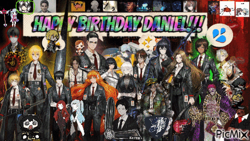 a group of anime characters are standing in front of a banner that says happy birthday daniel