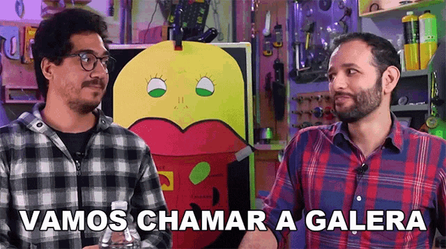 two men are standing next to each other with the words vamos chamar a galera written on the bottom