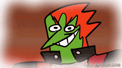 a cartoon character with a green face and red hair is smiling and says youtube giffun.com