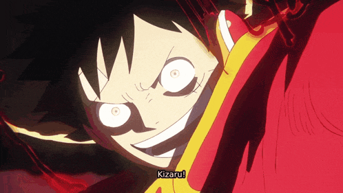 a close up of a cartoon character with the word kizaru on the bottom right