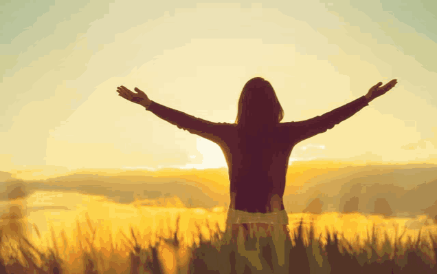 a woman standing in a field with her arms outstretched at sunset