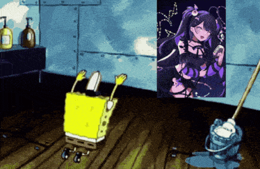 a cartoon of spongebob cleaning the floor with a picture of a girl behind him