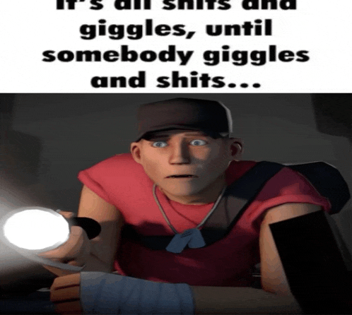 a man in a red shirt is holding a flashlight and the caption says it 's all shits and giggles
