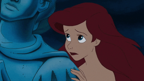 a cartoon of a woman with red hair looking at a blue statue