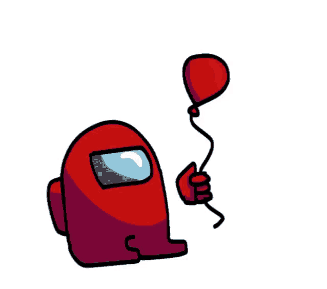 a red among us character is holding a red heart shaped balloon .