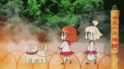 a cartoon of two girls and a dog with chinese writing