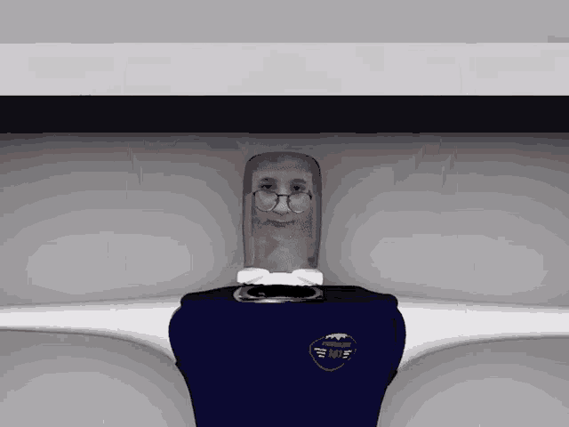 a 3d model of a man wearing glasses and a blue shirt that says ' ewf ' on it