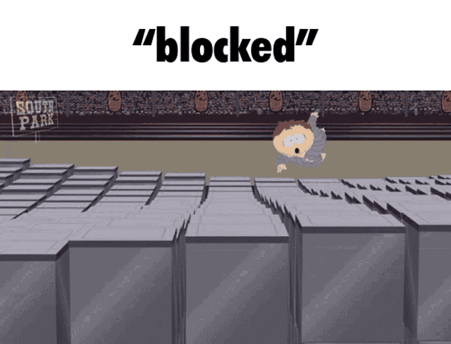 a cartoon character is jumping over a maze with the words " blocked " behind him
