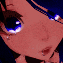 a close up of a person 's face with a blue eye and a red background .