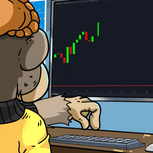 a cartoon drawing of a person looking at a stock chart