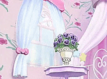 a painting of a doll sitting on a bed next to a table with flowers in a vase .