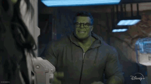 the hulk is wearing glasses and giving a thumbs up for disney +